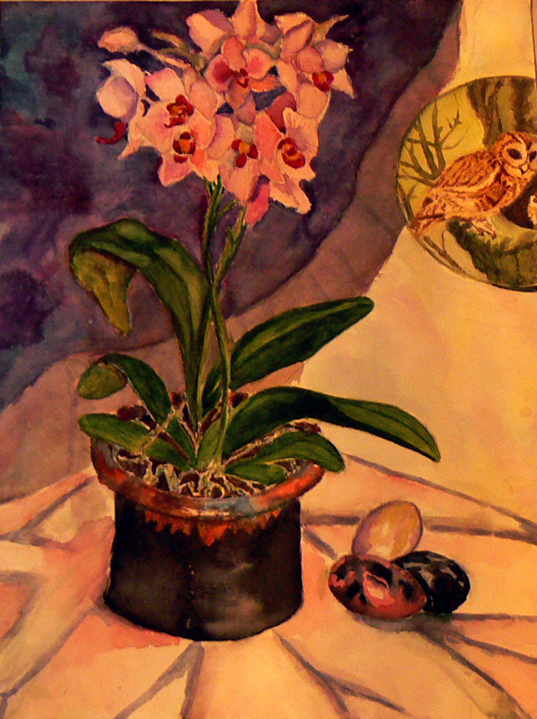 Orchideen mit Eule 53,5x42cm Aquarell