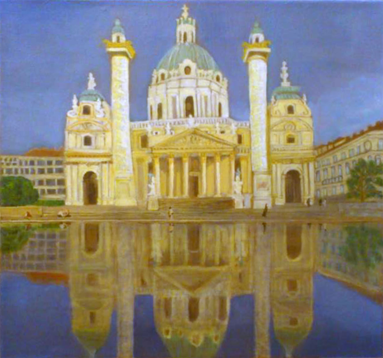 Karlskirche mit Spiegelung im Teich 42x40 cm Öl