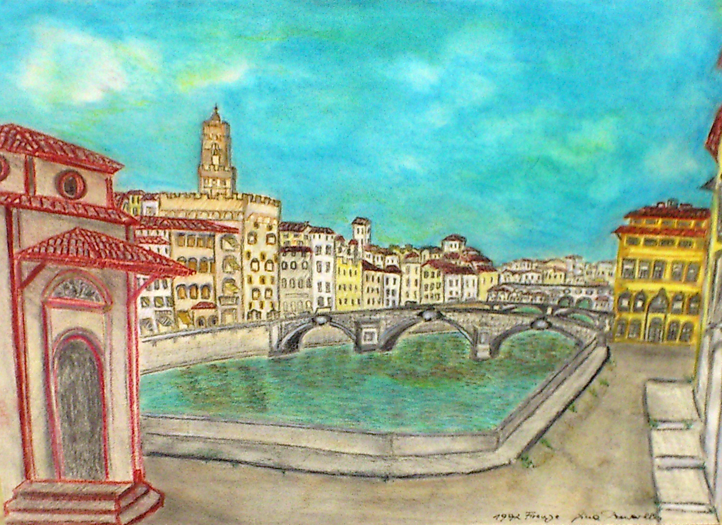 Florenz am Arno 49x35 cm Pastellkreidezeichnung